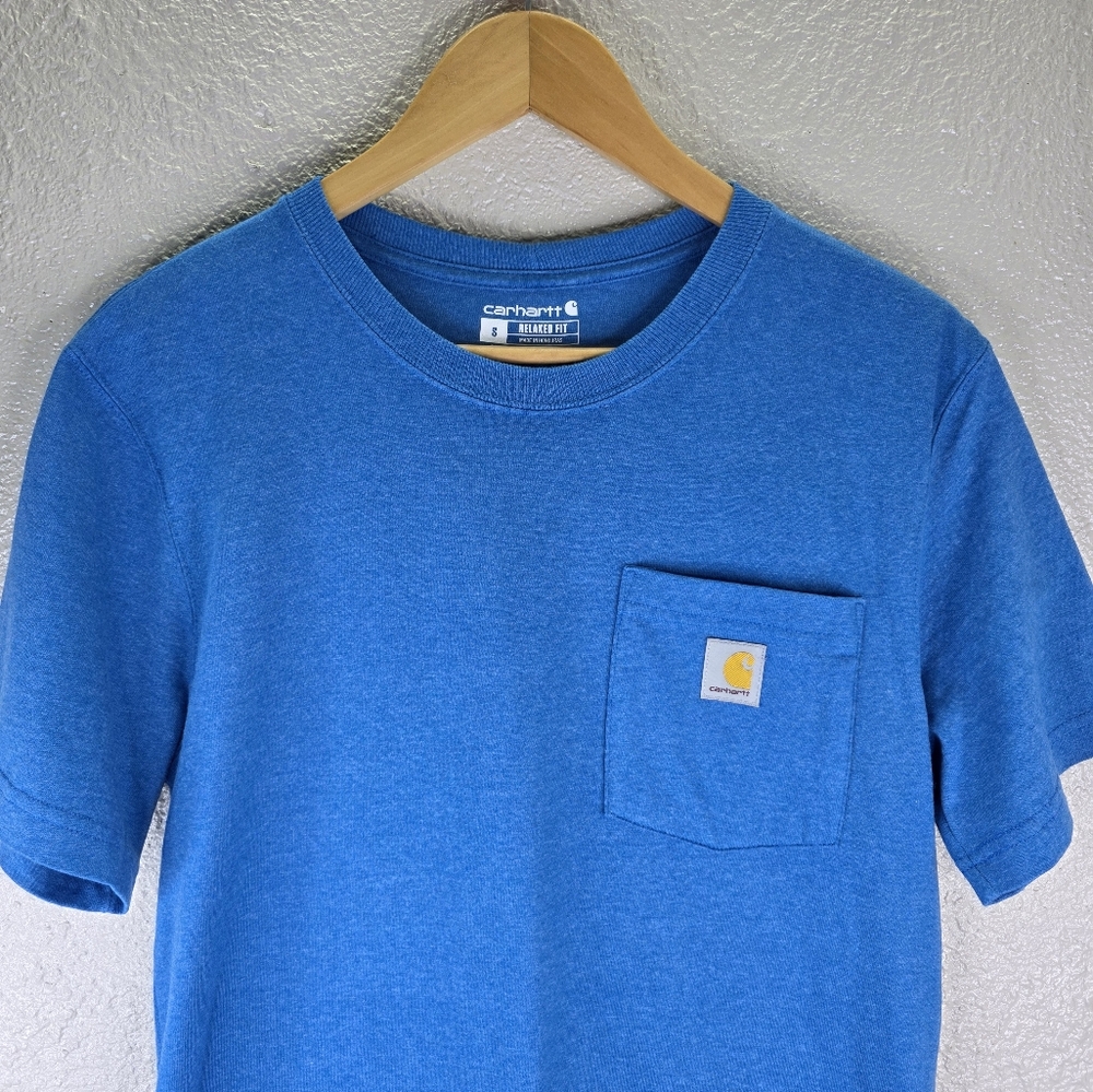 Carhartt Men's Relaxed Fit Heavyweight Short Sleeve Bright Blue Tee with Pocket - Picture 3 of 13